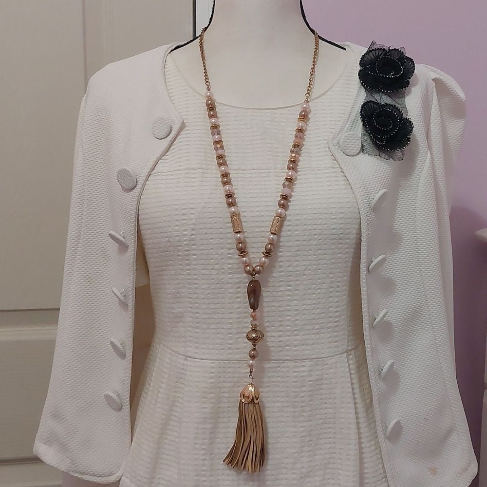 Gold Tone Faux Pearl and Beads Y Drop Faux Leather Tassel Statement Necklace